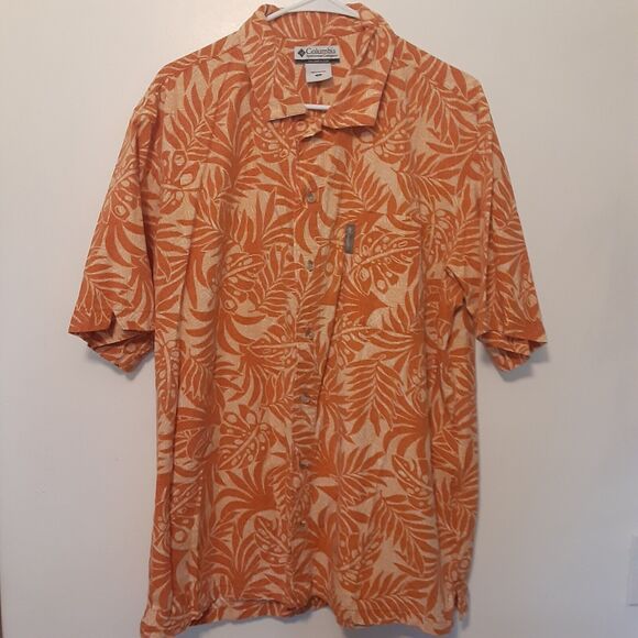 Columbia Shirt Mens Large Floral Hawaiian Orange Button Up Short Sleeves - Picture 1 of 7